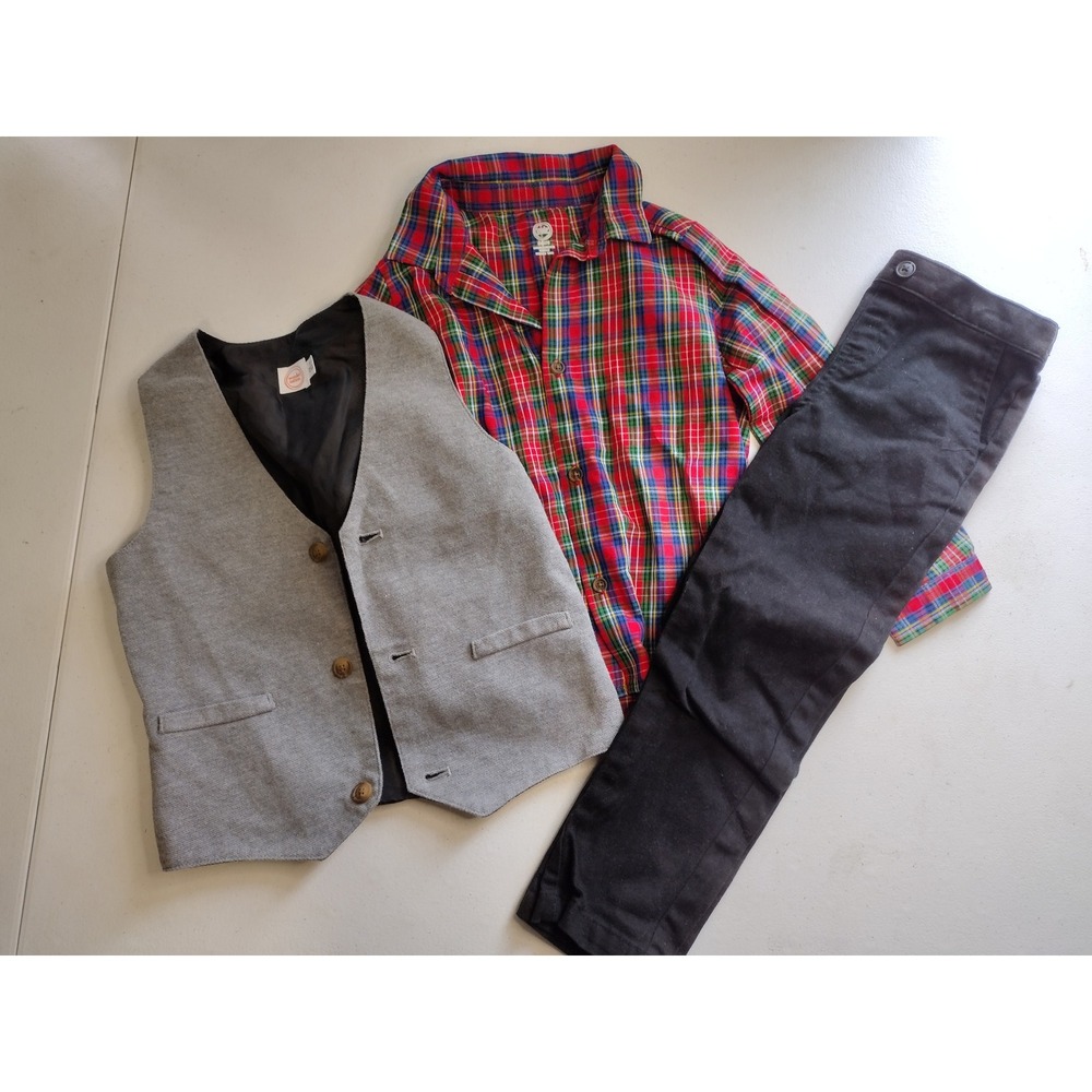 Wonder Nation Boys 3pc Holiday Set Plaid Shirt Grey Vest Black Pants 5T